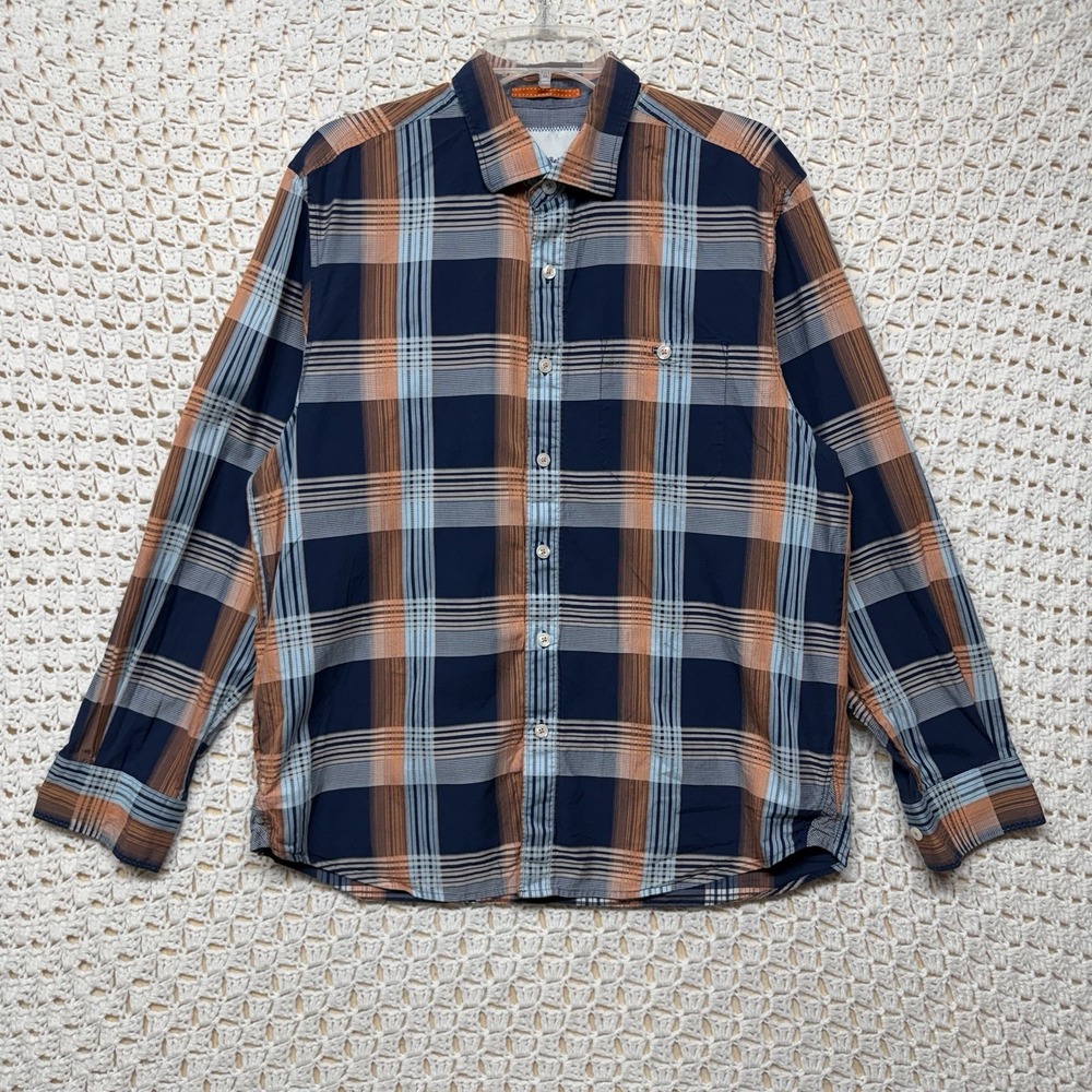 Tommy Bahama Shirt Mens L Navy Blue Orange Plaid Long Slv Button Up 100%Cotton